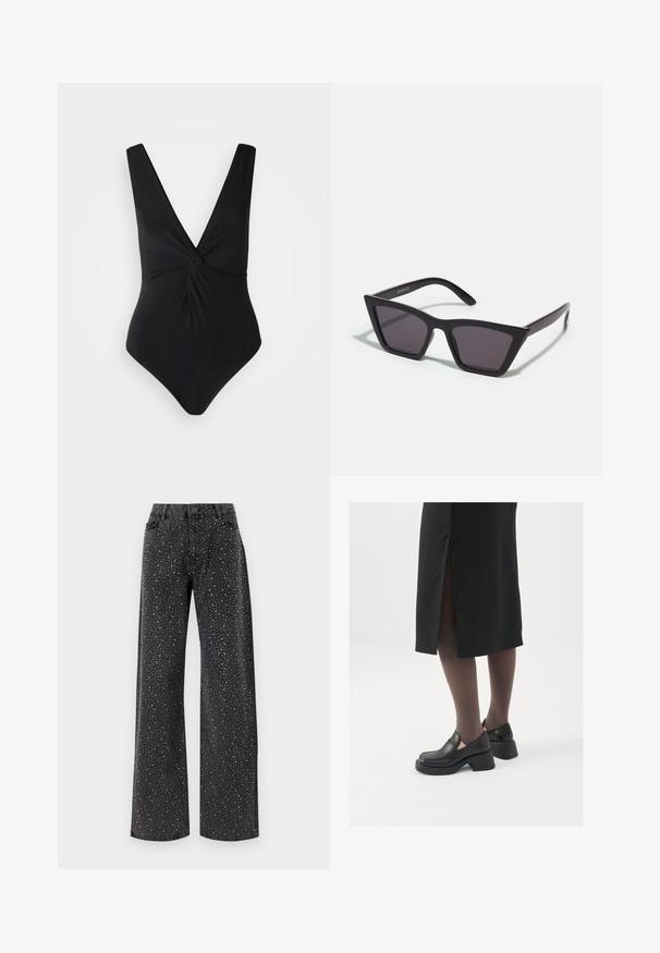 Crni jednodijelni kupaći kostim s dubokim V-izrezom, širokim naramenicama i zamršenim prednjim dijelom. Izrađen od glatkog, rastezljivog materijala.; Noisy May NMJANNEL LOOSE - Traperice opuštenog kroja - black denim; Crne kožne cipele s zaobljenim vrhom, debelim blok petama i elastičnim bočnim detaljima, uparene s tamnim čarapama i crnom suknjom s prorezom.; Crne, uglaste sunčane naočale sa sivoj lećama; izrađene od plastike, imaju debele nogice s glatkom površinom i bez vidljivih metalnih dijelova.; Srebrne okrugle naušnice s minimalističkim dizajnom. Kružni oblik, glatka tekstura i tanak profil. Lagane s poliranim završetkom.