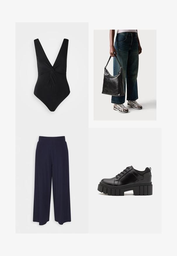 Czarny jednoczęściowy strój kąpielowy z głębokim dekoltem w kształcie litery V, szerokimi ramiączkami i skręconym przodem. Wykonany z gładkiego, elastycznego materiału.; Spodnie o szerokich nogawkach w ciemnonawiwowym materiale z rdzeniowym wzorem. Posiadają gładki pas i luźny krój, sięgający do połowy łydki.; Czarne skórzane buty na platformie z masywnym słupkowym obcasem, okrągłym noskiem i klasycznym sznurowaniem. Posiadają gładką teksturę i minimalne wykończenia.; Czarna skórzana torba na ramię o gładkiej fakturze i regulowanym pasku, w zestawieniu z wyblakłymi dżinsami typu wide-leg i sportowymi butami.