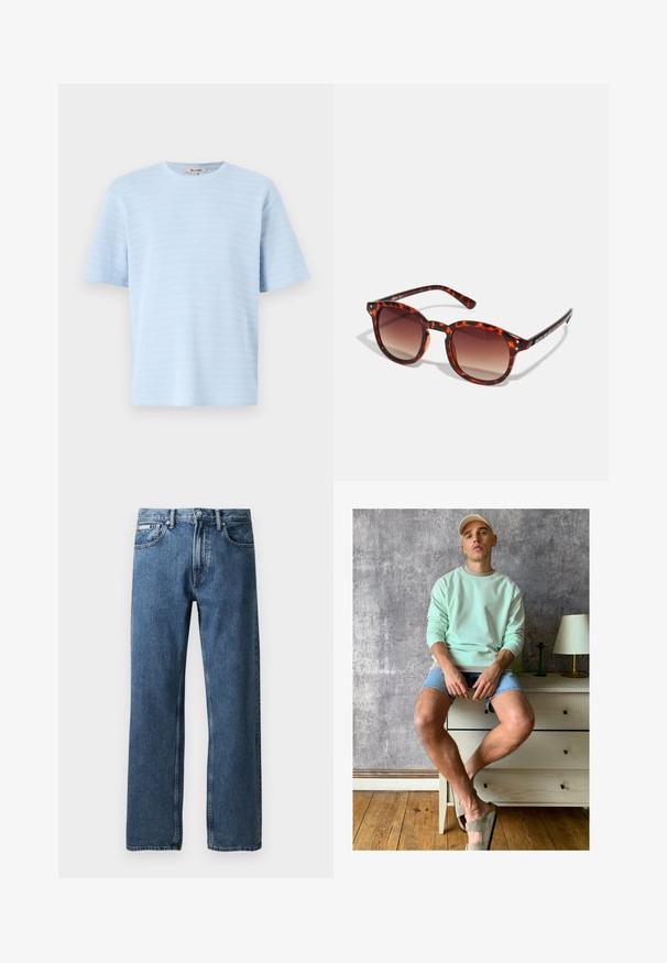 Svetlomodré tričko s krátkym rukávom vyrobené z textúrovanej pleteniny s horizontálnymi pruhmi. Okrúhly výstrih a voľný strih.; Biela polokošeľa s dlhými rukávmi vyrobená z bavlny. Má golier s gombíkmi, predné gombíky a rovný lem. Bez vzorov alebo akcentov.; Modré džíny s rovnými nohavicami a vysokým pásom, so zapínaním na gombík a zips, prednými vreckami a malou bielou značkovou nálepkou na pravom vrecku.; Mentolový sveter, džínsové šortky a olivovozelené nazúvacie topánky. Sedí na svetlýchkomode proti texturovanej šedej stene.; Korytnačkové slnečné okuliare s hnedými gradientovými šošovkami, zaobleným tvarom a čiernymi akcentmi na ramienkach; obsahujú dva malé kovové študov pri šošovkách.; Čierna kožená crossbody taška s preklopom, dvoma striebornými prackami, žltým prešívaním a nastaviteľným popruhom. Vyznačuje sa hladkou textúrou a kompaktným dizajnom.