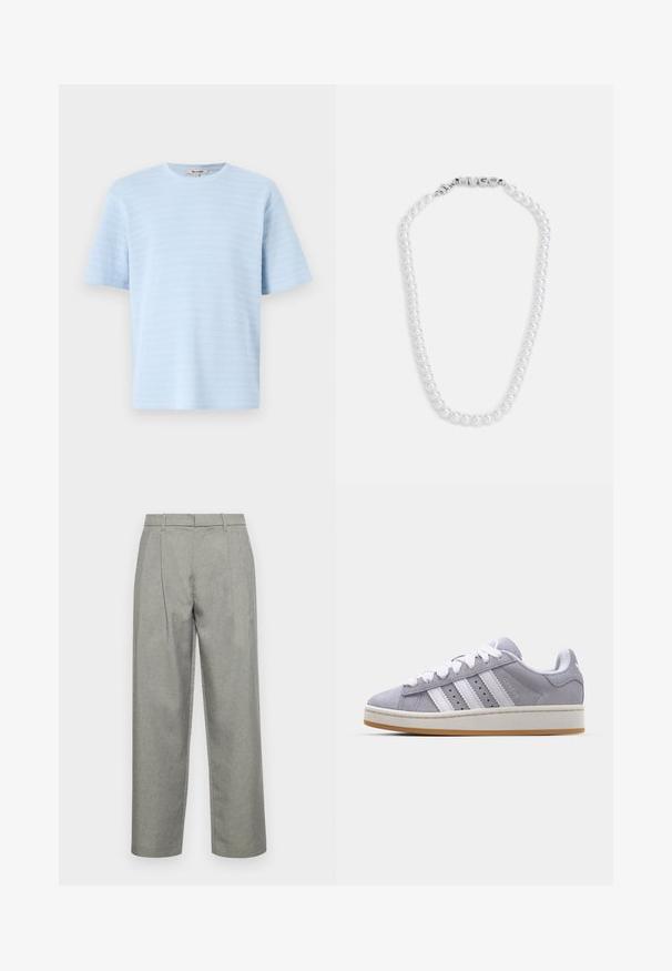 Lichtblauwe t-shirt met korte mouwen, gemaakt van gestructureerde gebreide stof met horizontale streepdetails. Ronde hals en een losse pasvorm.; Grijze op maat gemaakte broeken van gestructureerde stof, met een klassieke rechte pijpdesign, voorplooien en een standaard tailleband met riemlussen.; Grijze suede sneakers met witte strepen, ronde neus en rubberen zool. Heeft perforaties aan de zijkant en een getextureerde hiel tab.; Witte parelketting met een gladde textuur, voorzien van een zilveren sluiting met het ingedrukte woord "HUGO." Evenveel gekleurde parels in een klassiek ontwerp.