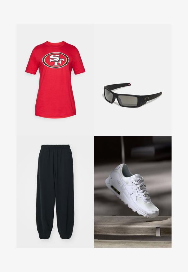 Camiseta de algodón roja con un gran logo en blanco y negro "SF" dentro de un contorno ovalado. Mangas cortas y escote redondo.; Pantalones de chándal negros con cintura elástica, de corte holgado, con puños en los tobillos, textura suave y sin patrones visibles ni acentos metálicos.; Zapatilla Nike Air Max 90 blanca con parte superior de malla y cuero, caja de puntera perforada y unidad de aire visible en el talón.; Gafas de sol negras con acabado mate, lentes rectangulares, ligera curvatura en las patillas, sutil detalle del logo y lentes ahumados.