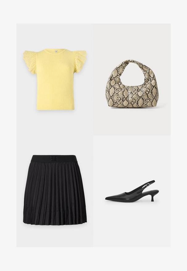 Żółta koszulka z prążkowanej tkaniny, z kropkowanymi, falbaniastymi rękawami na ramionach. Posiada klasyczny okrągły dekolt oraz dopasowany krój. Teksturowana tkanina.; Czarna plisowana spódnica o gładkiej fakturze, z solidnym czarnym pasem w talii i wytłoczonym detalem z logo z przodu.; Czarne skórzane buty typu slingback z wydłużonym noskiem i smukłym, zakrzywionym obcasem. Posiadają dyskretny regulowany pasek z metalową klamrą.; Torebka w wężowy wzór z zakrzywionym uchwytem. Wykonana z teksturowanych, beżowych i brązowych materiałów, z charakterystycznym wzorem w diamenty.