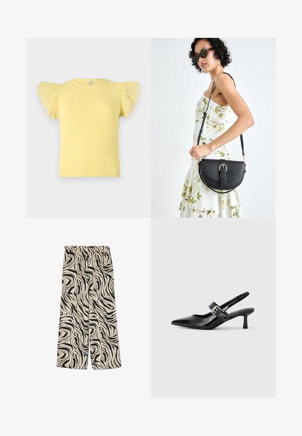 Sárga bordázott póló pöttyös, fodros vállujjakkal. Klasszikus kerek nyakkivágással és testhezálló siluettel rendelkezik. Strukturált anyag.; Széles lábú nadrág krém háttéren, amelyet éles fekete, absztrakt zebra minta díszít. Elasztikus derékpánttal és sima textúrával rendelkezik.; Fekete lakkbőr slingback sarkú cipők hegyes orral és kis blokk talppal, ezüst csat díszítéssel a pánton.; Fekete bőrtáska ívelt formával, levehető pánttal és arany színű fémrészekkel. A táskán egy csattal díszített fedél található.