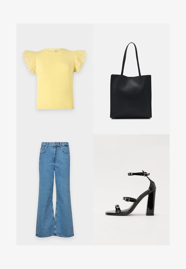 Yellow ribbed t-shirt with dotted, frilled shoulder sleeves. Features a classic round neckline and a fitted silhouette. Textured fabric.; Light blue flared jeans made of denim, featuring a high waist, five pockets, and a single button closure. Soft texture with faded finish.; Black patent heeled sandals with a square toe, ankle straps, and silver buckles. Features a chunky block heel for stability.; Black leather tote bag with smooth texture, rectangular shape, and two long handles. No visible hardware or embellishments.