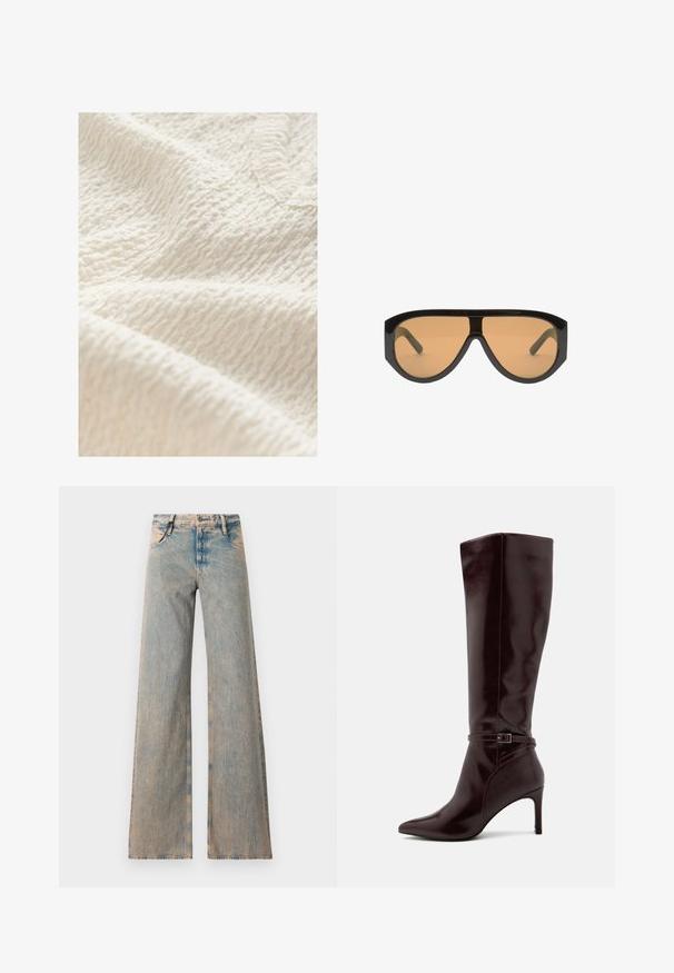 Tessuto off-white testurizzato con un motivo rugoso, che mostra una superficie morbida e leggermente rialzata, adatta per abbigliamento o tessuti per la casa.; Jeans a gamba larga di colore blu chiaro con una texture sbiadita, caratterizzati da un design a cinque tasche e passanti per la cintura, realizzati in tessuto denim.; Anna Field Stivali alti - bordeaux; Occhiali da sole neri oversize con lenti marroni, caratterizzati da una montatura ampia e angolare e bracci diritti. Finitura lucida e liscia, hardware minimal.; Borsetta in pelle marrone scuro con due manici superiori, dettagli in metallo dorato, chiusura frontale e texture cucite sui lati.