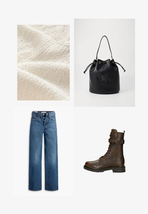 Tissu texturé blanc cassé avec un motif froissé, présentant une surface douce et légèrement surélevée, adaptée aux vêtements ou aux textiles d'intérieur.; Jean en denim bleu avec une coupe large, cinq poches, braguette à boutons et piqûres contrastées. Tissu texturé avec un fini délavé.; Bottines en cuir marron à lacets, avec une boucle sur le côté, bout rond, semelle robuste et détails de couture pour ajouter de la texture.; Sac seau en cuir noir avec fermeture à cordon, arborant un logo "CK" brillant sur le devant et des accents en métal doré.