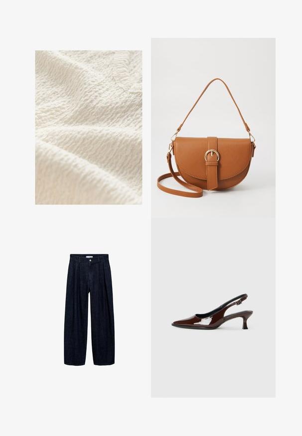 Țesătură texturată de culoare albă murdară, cu un model creponat, care prezintă o suprafață moale și ușor ridicată, potrivită pentru articole de îmbrăcăminte sau textile pentru acasă.; Pantaloni largi din denim închis, cu pliseuri la talie, având un button frontal și pasaje pentru curea. Textură netedă și design pe întreaga lungime.; Pantofii slingback din piele patent maro, cu vârful ascuțit și un toc moderat. Prezintă o curea cu prindere pentru o potrivire sigură. Textură netedă.; Geantă din piele maro, tip crossbody, cu o formă curbată, accesorii aurii și un accent cu cataramă. Dispune de un curea de umăr detașabilă.