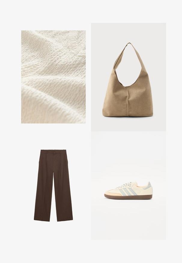 Texturerad off-white tyg med ett krinklat mönster, som visar en mjuk, något upphöjd yta som är lämplig för kläder eller hemtextilier.; Bruna vida byxor tillverkade av ett mjukt tyg, med hög midja, framtida veck och två sidofickor.; Sneakers med övre i krämfärgad läder, ljusblå ränder och persikoaccenter. Har en strukturerad brun gummisula och en minimalistisk design.; Hobo-väska i mjuk beige mocka med en avslappnad form, bred axelrem och handsydd sömdetalj längs framsidan.