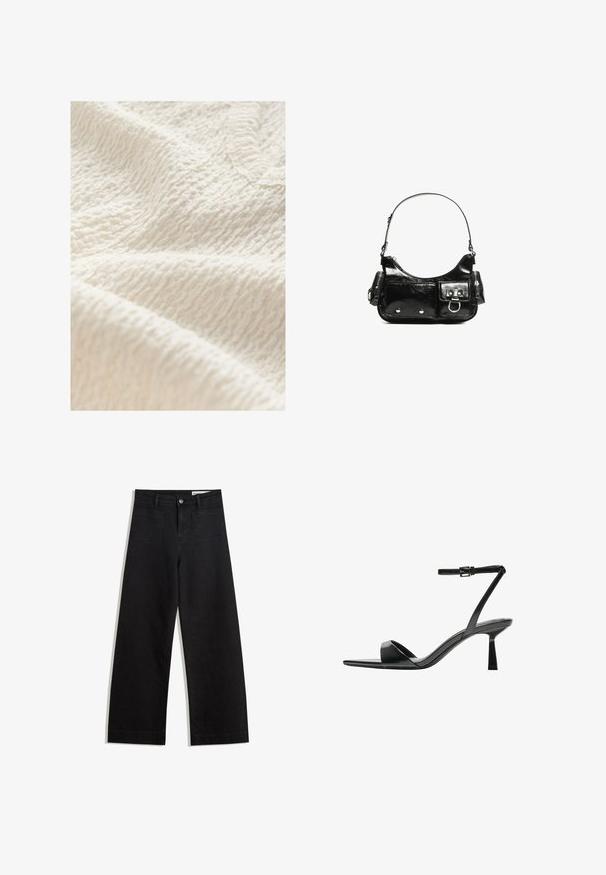 Țesătură texturată de culoare albă murdară, cu un model creponat, care prezintă o suprafață moale și ușor ridicată, potrivită pentru articole de îmbrăcăminte sau textile pentru acasă.; Pantaloni din denim negri cu picioare largi, cu talie înaltă, având buzunare frontale și posterioare, cusături dublate și închidere cu nasture. Textură netedă.; Bershka Sandale cu toc - black; Geantă de mână din piele lăcuită neagră, cu o formă curbată, un umăr, buzunare frontale și accente din metal argintiu.