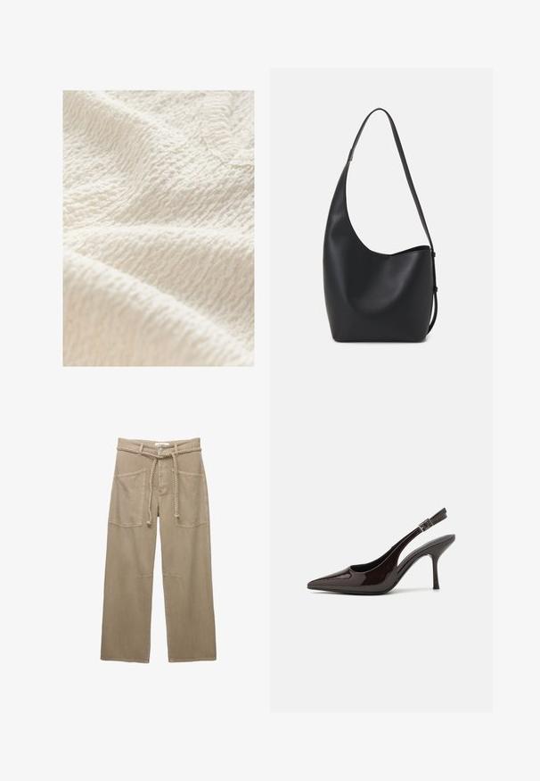 Texturált, krémszínű anyag, ráncos mintázattal, amely puha, enyhén kiemelkedő felületet mutat, és alkalmas ruházatra vagy otthoni textíliákra.; Beige, széles szárú nadrág tartós anyagból, nagy elülső zsebekkel, fonott övvel és finom varrási részletekkel.; Fényes sötétbarna lakkbőr magas sarkú slingback cipő, hegyes orral, nyitott oldalakkal és állítható bokapánttal.; Fekete bőr hobo táska sima textúrával, ívelt formával és egyetlen állítható pánttal; széles nyílás található a tetején.