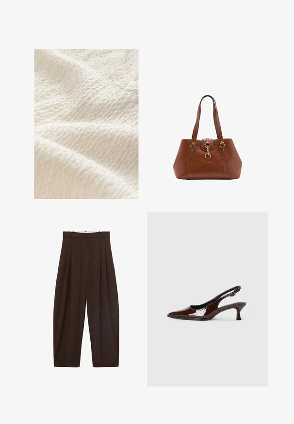 Texturovaná krémová látka s mačkaným vzorem, která ukazuje jemný, mírně vyvýšený povrch vhodný pro oděvy nebo domácí textilie.; Hnědé kalhoty s vysokým pasem a sklady, vyrobené z hladké látky. Volný střih, rovné nohavice, obsahující poutka na opasek a zip.; Hnědé lakované kožené slingback boty s špičatou špičkou a mírným podpatkem. Disponují přezkou pro bezpečné upevnění. Hladký povrch.; Hnědá kožená kabelka s dvojitými popruhy, zaobleným tvarem, zlatými kovovými doplňky a centrálním detailem s přezkou. Hladký povrch s prošívanými akcenty.