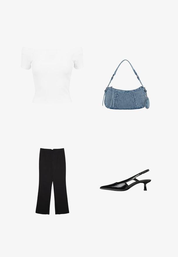 Bela bluzica brez naramnic iz rebraste tkanine, kratke rokave, prilagojen kroj, gladka tekstura in skrajšana dolžina.; Črne hlače ravnega kroja z naglavnimi žepi in stranskimi razporki na robu. Narejene iz mehke, gladke tkanine. Primerne za različne priložnosti.; Črne patentični usnjeni salonarji s slingback designom, z zašiljenim nosom, izrezanim stranskim dizajnom in majhnim kvadratnim peto. Gladka tekstura z minimalnimi detajli.; Denim torbica s zakrivljenim oblikom, svetlo modre barve, nastavljivim naramnicam in majhno odstranitveno torbico z metalnimi detajli.