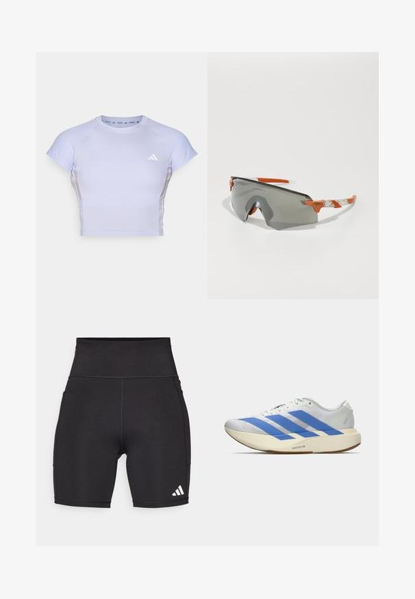 Svetlo fialová športová košeľa s krátkymi rukávmi, úzky strih, rebrované detaily a malé biele logo na hrudi. Hladký, pružný materiál.; Čierne športové šortky z elastického materiálu. Vysoký pás, dĺžka do polovice stehna, s bielym logom troch pruhov na dolnej ľavej strane.; Biele športové tenisky s modrými pruhmi, textúrovaný zvršok, plochá podrážka a branding "LIGHTSTRIKE PRO" po boku. Nízky profil.; Športové slnečné okuliare so šedým sklom, oranžovými akcentmi a vzorovanými bielymi ramenami. Navrhnuté pre výkon s obopínajúcim tvarom.