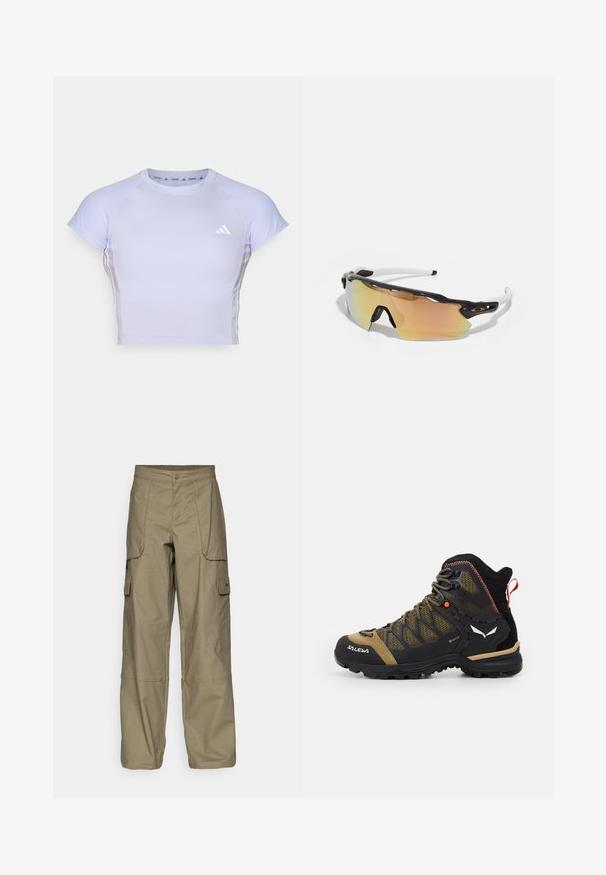 Ljuslila träningsskjorta med korta ärmar, smal passform, ribbade detaljer och en liten vit logotyp på bröstet. Slätt, elastiskt material.; Cargo byxor i olivgrön tyg, med en lös passform, flera sidofickor och en knappstängning i midjan. Slät textur.; Mellanhöjd vandringssko i svart och olivgrön, med ovandel i lättviktigt nätmaterial, gummisula och texturerade detaljer samt en draglapp baktill.; Solglasögon med en svart och vit ram, stora spegelglas med gyllene och rosa nyanser, aerodynamisk design och en förlängd ytterkant.