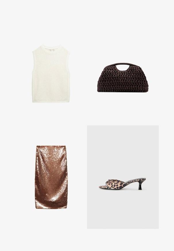 Sleeveless white knit top with a textured, open weave. Features a round neckline and straight hem, with a loose fit throughout.; Brown sequin mini skirt, smooth texture, fitted design, shiny finish with reflective sequins arranged closely, no visible seams or pockets.; Leopard-print mules with a low, black stiletto heel. Soft fabric upper featuring a knot detail at the front and a smooth, flat sole.; Woven brown handbag with a rounded silhouette, featuring a top handle and textured surface. Compact design with a flat base for stability.