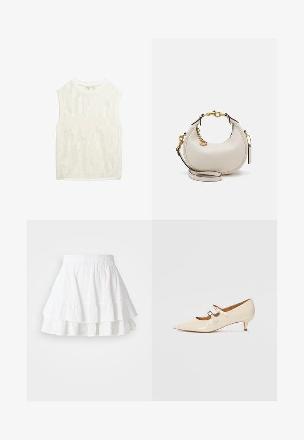 Ärmelloses weißes Stricktop mit einer strukturierten, offenen Masche. Hat einen runden Ausschnitt und einen geraden Saum, mit einer lockeren Passform überall.; Weiße, schichtweise Rock aus leichtem Stoff mit Lochmuster und Rüschensaum. Verfügt über einen elastischen Bund für zusätzlichen Komfort.; Beige Lackleder-Mary-Jane-Schuhe mit zwei verstellbaren Schnallen, spitzem Schuhkopf und niedrigem Absatz. Glatte Textur mit glänzendem Finish.; Cremfarbene Lederhandtasche in Mondform, mit goldenen Akzenten, schwarzen Details und einem abnehmbaren Gurt. Sie verfügt über eine Kettendetail und einen Anhänger.; Goldfarbene Ohrringe, bestehend aus drei Paaren: strukturierte ovale Stecker, ohrringe mit gewelltem Design und große Creolen mit geschichteten Rillen.