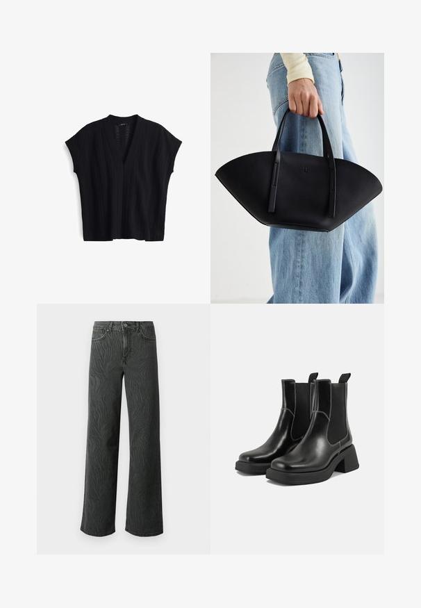 Top in maglia nera con scollatura a V, maniche corte e un motivo a coste verticali testurizzate. Materiale leggero con trama aperta.; Jeans a gamba larga in denim grigio scuro, con una sottile texture a zebra, cuciture a contrasto e design a cinque tasche con chiusura a bottone.; Stivali Chelsea in pelle nera con tacco spesso, pannelli elasticizzati sui lati e cuciture bianche a contrasto. Finitura testurizzata.; Borsa a tracolla in pelle nera con una forma a ventaglio unica, dotata di manici piatti. La superficie presenta una texture a ciottoli e un design minimalista.