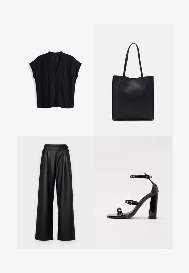 Top in maglia nera con scollatura a V, maniche corte e un motivo a coste verticali testurizzate. Materiale leggero con trama aperta.; Pantaloni neri a gamba larga realizzati in pelle, con vita alta, pieghe e due bottoni circolari sul davanti per la chiusura.; Sandali con tacco in vernice nera, con punta squadrata, cinturini alla caviglia e fibbie in argento. Presentano un tacco a blocco spesso per maggiore stabilità.; Borsa tote in pelle nera con texture liscia, forma rettangolare e due manici lunghi. Nessun hardware o decorazione visibile.