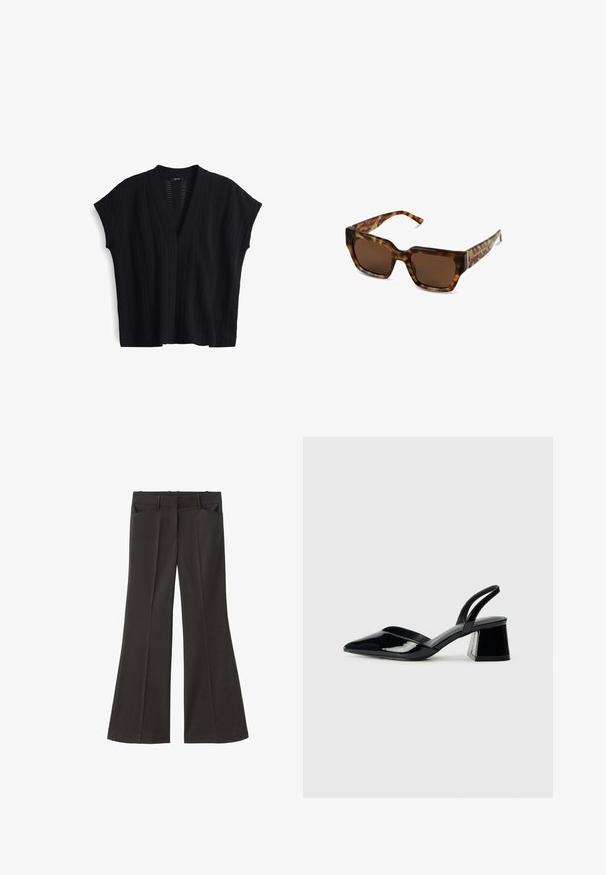 Schwarzes gestricktes Oberteil mit V-Ausschnitt, kurzen Ärmeln und einem strukturierten, vertikalen Ripp-Muster. Leichtes Material mit einer offenen Webart.; Schwarze, weit geschnittene Hosen mit hoher Taille; verfügt über zwei Fronttaschen und eine glatte Stoffoberfläche. Geeignet für verschiedene Anlässe.; Schwarze Lackleder-Slingback-High Heels mit spitzem Schuh und einem geometrischen Blockabsatz. Verfügt über ein schlankes, minimalistisches Design und eine glatte Textur.; Schildpatt-Sonnenbrille mit einem massiven rechteckigen Rahmen, braunen Gläsern und schlanken Bügeln mit subtilen Markendetails.; Schwarze Leder-Hobo-Tasche mit einer glatten Textur, geschwungener Form und einem einzelnen verstellbaren Tragegurt; verfügt über eine weite Öffnung am oberen Ende.