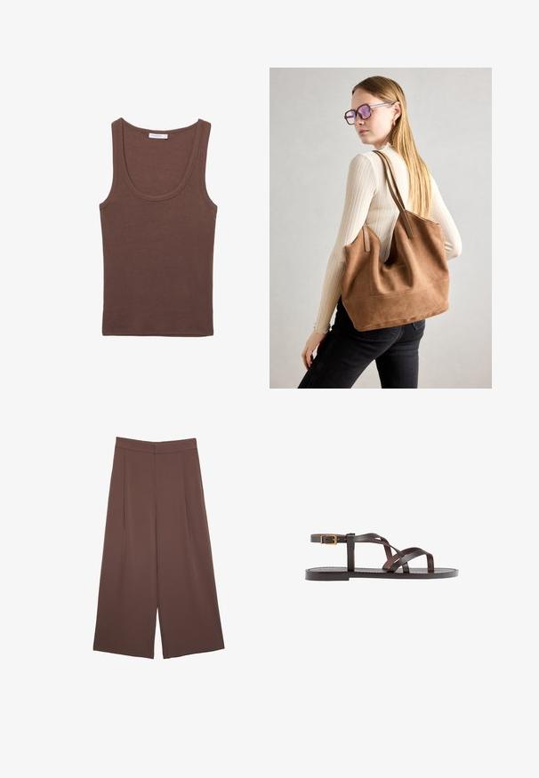 Brązowy bawełniany top na ramiączkach z okrągłym dekoltem i szerokimi ramiączkami, charakteryzujący się gładką teksturą i swobodnym fasonem.; Brązowe spodnie o szerokich nogawkach z gładką fakturą, z wysokim stanem i plisami z przodu. Materiał jest lekki i luźno opada.; Brązowe skórzane sandały z krzyżującymi się paskami, zapięciem na klamrę przy kostce oraz płaską podeszwą z minimalnymi detalami szycia.; Brązowa torebka typu tote wykonana z zamszu o miękkiej teksturze, z dużym otwarciem i długimi paskami. Charakteryzuje się prostym designem z widocznymi szwami i bez elementów metalowych.