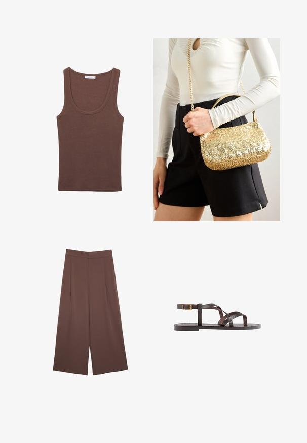 Brown cotton tank top with a rounded neckline and wide shoulder straps, featuring a smooth texture and casual design.; Brown wide-leg trousers with a smooth texture, featuring a high waist and front pleats. The fabric is lightweight and flows loosely.; Brown leather sandal featuring crisscross straps, an ankle buckle closure, and a flat sole with minimal stitching details.; Gold sequin handbag with a rectangular shape, featuring a short handle and a long chain strap. The texture is shiny and reflective.