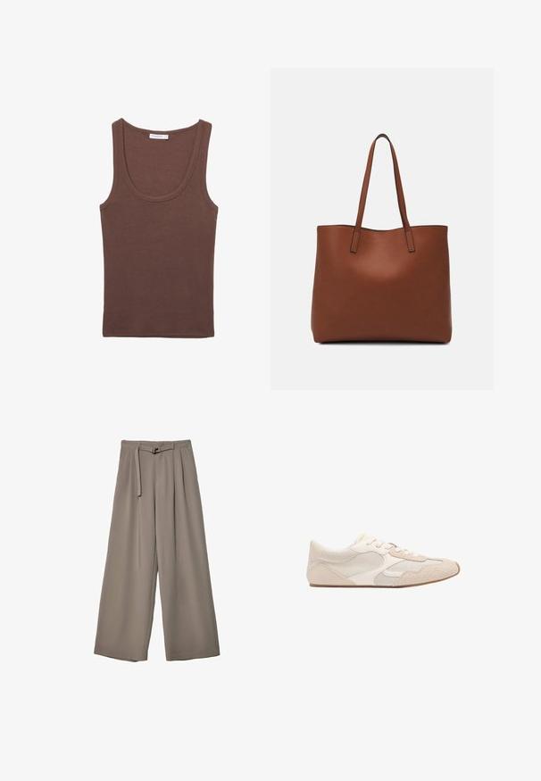 Braunes Baumwoll-Tanktop mit rundem Ausschnitt und breiten Trägern, das eine glatte Textur und ein lässiges Design aufweist.; Weite Hose aus einem weichen, gedämpften grauen Stoff, mit einem taillierten Bund und Falten für zusätzliche Design-Details. Glatte Textur, keine Muster.; Beige Sportschuh aus einer Mischung von Mesh- und Wildledermaterialien, mit runder Zehenpartie und Schnürsenkeln. Strukturierte Akzente im Obermaterial verbessern den Halt.; Braune Leder-Tote mit glatter Textur, offenem Oberteil und zwei Schulterriemen. Verfügt über minimale Nähte und keine sichtbaren Beschläge.