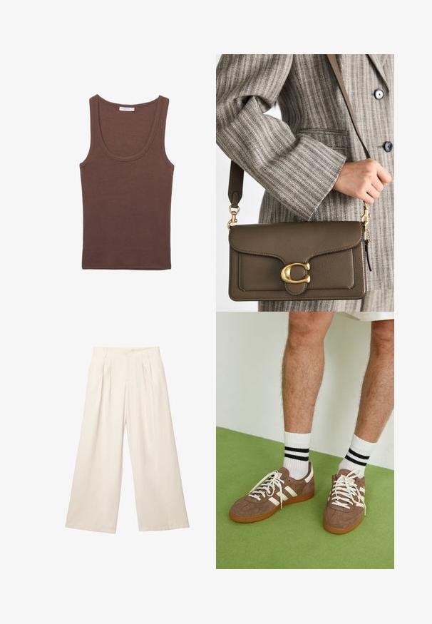 Braunes Baumwoll-Tanktop mit rundem Ausschnitt und breiten Trägern, das eine glatte Textur und ein lässiges Design aufweist.; Weite Hosen in einem hellbeigen Farbton aus einem weichen, strukturierten Stoff. Mit vorderen Falten und einem elastischen Bund für einen entspannten Sitz.; Braune Wildleder-Sneaker mit weißen Akzenten und Schnürsenkeln. Gummisohle in Kautschuk-Optik. Getragen mit weißen Socken, die schwarze Streifen haben. Grüner strukturierter Fußboden.; COACH TABBY SHOULDER BAG 26 - Handtasche - dark stone; Goldene Kettenhalskette mit verlängerten, rechteckigen Gliedern. Getragen über einem schwarzen Hemd mit Spitzenkragen, das eine glatte, polierte Oberfläche zeigt.
