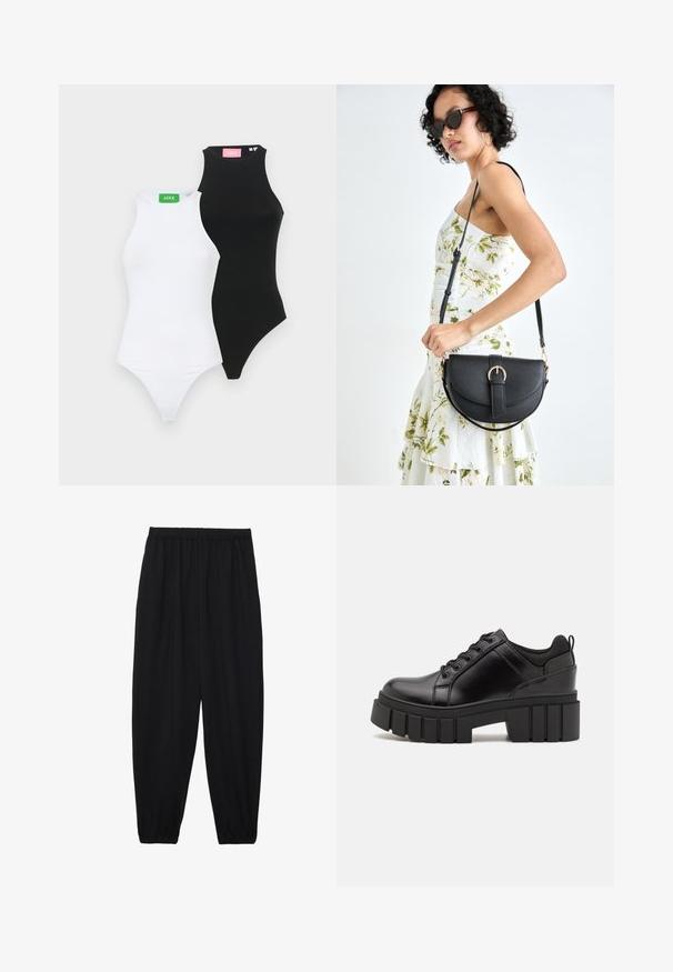 Kaks sobiva lõikega bodysuiti, üks must ja üks valge, kõrge kaelusega ja stringi lõikega. Igal on kontrastne silt rohelises ja roosas värvitoonis.; Mustad, kerge kangas püksid elastse vöökoha ja kokku volditud pahkluudega. Kanga pind on sile ja disain on lõdvestunud, kitsenev.; Must musta platvormsussid paksu plokkninal, ümmarguse varbaga ja traditsioonilise nööridega kinnitamisega. Sussid on sileda tekstuuriga ja minimaalsete detailidega.; Mustmust mustraha kõverate joontega, eemaldatava rihmaga ja kuldsete detailidega. Kotil on klapp, millel on pandladetail.