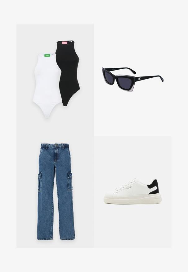 Kaks sobiva lõikega bodysuiti, üks must ja üks valge, kõrge kaelusega ja stringi lõikega. Igal on kontrastne silt rohelises ja roosas värvitoonis.; Sinine denimist cargo püksid lõdva istumisega, millel on kaks küljetaskut, tugevdatud õmblused ja sirge jala disain.; Valged nahast tennisetossud paksu valge tallaga, musta sametist kontsakeeuga ja külje peal riigilogo reljeefne kujundus. Lukkeskeem kuue silmaauguga.; Mustad suured mustad prillid geomeetrilise kujuga, tumedate läätsedega ja kontrastse halli detailiga raamidel. Logo käe peal.
