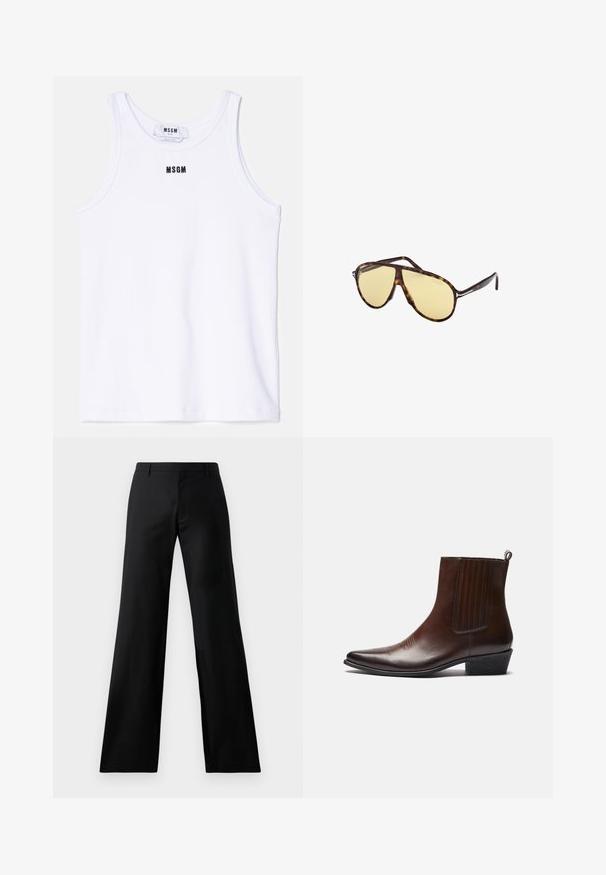 Witte katoenen tanktop met een ribbeltextuur, voorzien van een zwart geborduurd logo "MSGM" gecentreerd op de borst. Eenvoudig, schoon ontwerp.; Lichtroze blouse met lange mouwen, knopen en een puntige kraag, parelmoeren knopen en een klein geborduurd polospelerslogo op de borst.; Zwarte wijde broek gemaakt van een gladde stof. Heeft een middelhoge tailleband en plooien aan de voorkant, wat zorgt voor een getailleerd silhouet.; Bruine leren enkelboot met een spitse neus, elastische zijpanelen, textuurdetails aan de voorkant en een lage gestapelde hak.; Schildpad zonnebril met gele lenzen. Pilootvorm met dubbele brug en metalen accenten. Glad oppervlak en slank ontwerp.