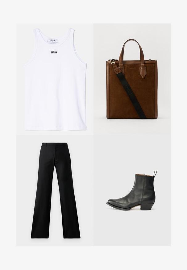 Valge puuvillane särk ribakudumise tekstuuriga, millel on rinnas must tikandiga logo "MSGM". Lihtne ja puhas disain.; Mustad laiad püksid, mis on valmistatud siledast kangast. Omavad keskmise kõrgusega vöökoht ja ees olevaid voldikesi, pakkudes vormitud siluetti.; Must have nahkasaapad, ümarate varvastega, kerge kontsaga, külgmise tõmblukuga ja taga tõmbluku kinnitusega. Sile pind ja lihtne disain.; Pruun nahast ja suede'ist kandekott kahe ülemise käepideme ja reguleeritava rihmaga, millel on must logo rihmal ja sile pind.
