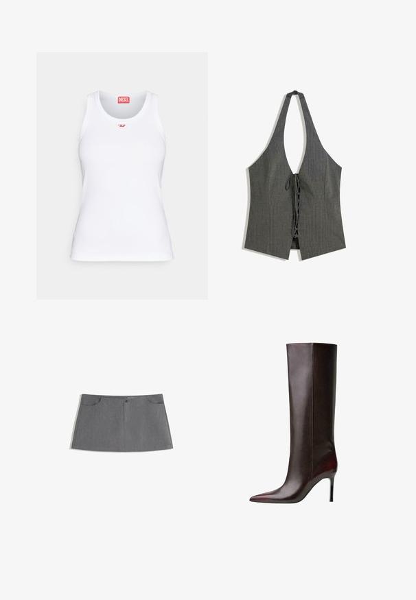 Biely tank top vyrobený z bavlny, s okrúhlym výstrihom, priliehavým strihom a malým červeným logom Diesel na hrudi. Hladká textúra.; Sivý prúžkovaný top s holým chrbtom, ktorý má hlboký V-výstrih, otvorený predný diel a viazanie v páse. Tkanina má priliehavý, textúrovaný vzhľad.; Sivá sukňa s rovnými strihom, dvoma prednými vreckami, predným zapínaním na gombík a jemným textúrovým vzorom.; Hnedé kožené čižmy po kolená s špicatou špičkou, elegantnou textúrou a ihlovým podpätkom. Švy pozdĺž bočnej strany.