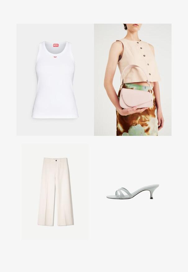 Canotta bianca in cotone, con scollo arrotondato, vestibilità slim e un piccolo logo rosso Diesel sul petto. Tessuto liscio.; Pantaloni larghi color crema con design sartoriale, dotati di due tasche frontali e una chiusura con bottone anteriore, realizzati in tessuto liscio.; Sandali con tacco di colore grigio chiaro, dotati di tre cinturini incrociati, una silhouette sottile e un tacco affusolato. Texture liscia con una finitura leggermente lucida.; Borsa in pelle rosa con pattina curva, tracolla singola e linee pulite. La borsa presenta una texture liscia e un design minimalista.