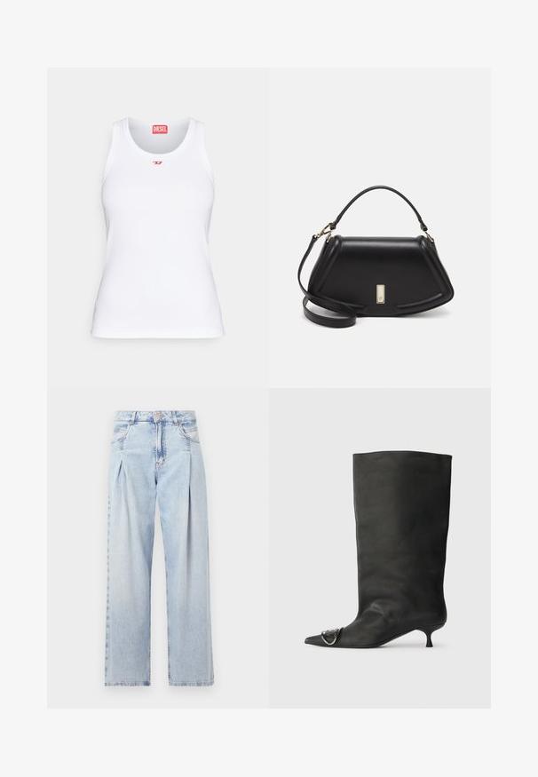 Valkoinen toppi, joka on valmistettu puuvillasta, pyöreällä kaula-aukolla, kapealla leikkauksella ja pienellä punaisella Diesel-logolla rinnassa. Sileä pinta.; Vaaleansiniset farkut, joissa on korkea vyötärö, leveälahkeinen leikkaus, kaksi sivutaskua ja pleatattu muotoilu. Pehmeä rakenne, jossa on haalistunut viimeistely.; Musta nahkainen nilkkabootsi, jossa on terävä kärki, pieni korko ja metallinen korostus kärjessä. Pehmeä, mattapintainen rakenne kauttaaltaan.; Mustalla nahkalaukulla, jossa on jämäkkä muotoilu, lyhyt malli, yläkahva ja kultaiset yksityiskohdat. Säädettävä olkahihna sisältyy.