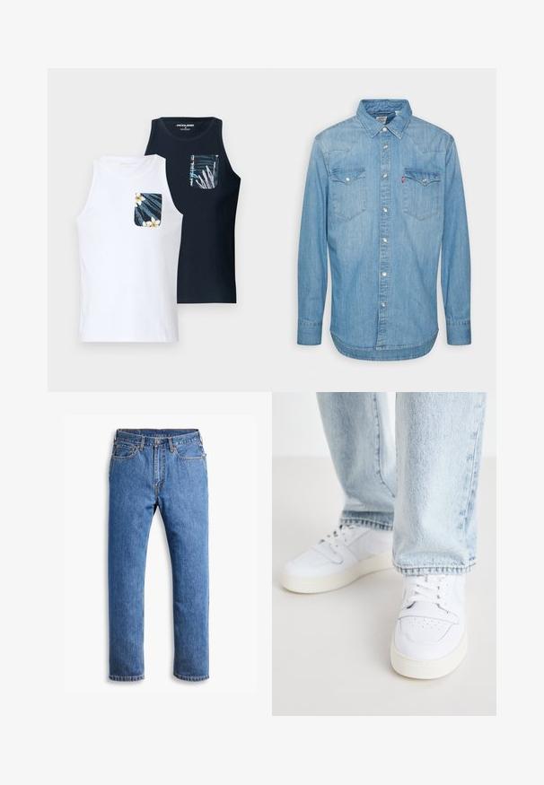 Kaks tanki, üks valge ja üks tumesinine, kummalgi mustriline tasku, millel on lillemustrid ja sinised aktsendid. Valmistatud pehmest kangast.; Hele sinine teksapusa, millel on pikad varrukad, terav krae ja kaks rinna taskut. Omab nupplukku ja kaardus serva.; Sinine denimist teksapüksid otse lõikega, viie taskuga, nööpide sulgemisega ja puhase valge tausta peal oranzide õmblustega.; Valged nahast madala profiiliga spordijalatsid, millel on perforatsiooniga varvas, lame paelad ja minimalistlik disain. Koos helesiniste teksadega.