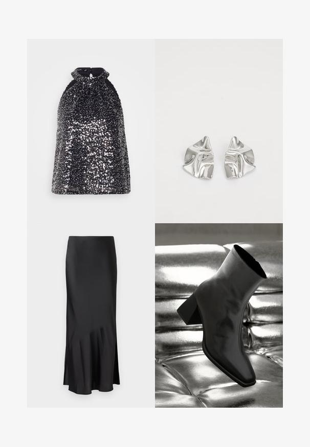 Scotch & Soda TANK - Top - silver; Gonna midi nera in satin con un design elegante, caratterizzata da un leggero svaso all'orlo e uno spacco laterale per facilitare i movimenti. Texture liscia.; Stivale alla caviglia nero realizzato in materiale lucido con punta quadrata e tacco affusolato, posizionato su uno sfondo argentato lucido con imbottiture a sfera.; Orecchini in metallo argento con un design ondulato e scultoreo, caratterizzati da una finitura lucida e forme irregolari, che evidenziano un'estetica contemporanea.