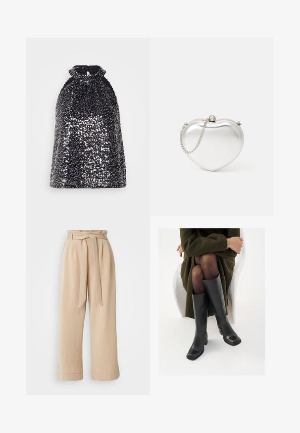 Scotch & Soda TANK - Top - silver; Beige wide-leg trousers with a belted waist, made of textured fabric. Features a front pleat and a smooth finish along the hem.; Knee-high black leather boots with a squared toe and block heel, shown with a model seated in an olive green coat. Smooth texture, minimal detailing.; Heart-shaped metallic silver clutch bag with a smooth texture, clasp closure, and a silver chain strap.