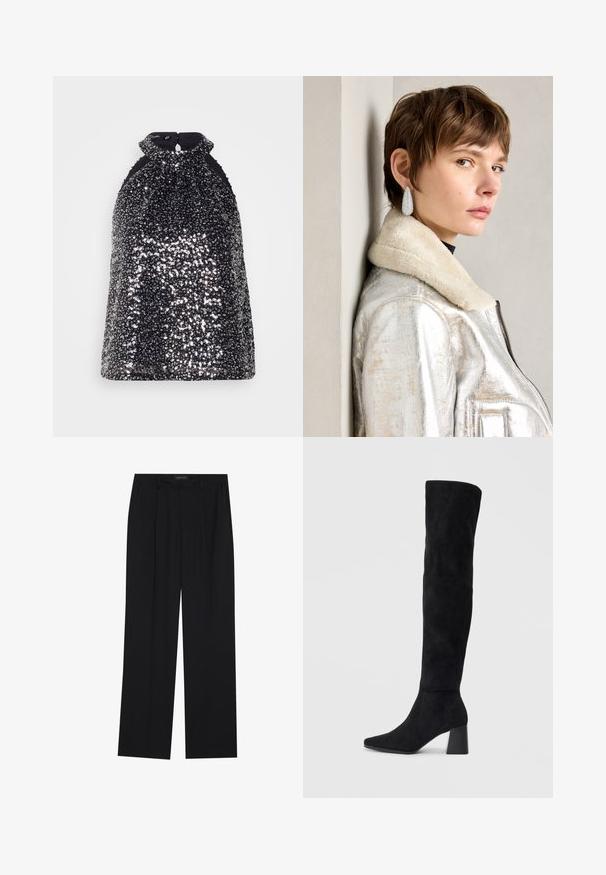 Scotch & Soda TANK - Top - silver; Črne hlače s ravnim krojem, ki imajo dva sprednja žepa in pas. Narejene so iz gladkega, lahkega materiala.; Črne semiš škornje do kolen z blok peto, s koničastim nosom in gladkim, brezšivnim dizajnom na enostavni svetli podlagi.; Srebrna metalik usnjena jakna s ovratnikom iz jagnječje kože, z zadrgo in strukturirano površino. Velike kapljaste uhane s prozornimi dragimi kamni.