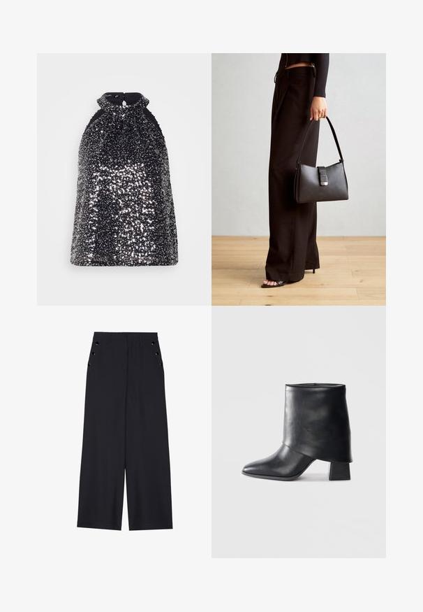 Scotch & Soda TANK - Top - silver; Zwarte wijde broek in donkerblauw materiaal, met een gladde textuur, voorplooien en decoratieve goudkleurige ogen op de zijzakken.; Zwarte leren enkellaars met een spitse neus, een zachte textuur en een gestructureerde blokhak. Kenmerkt zich door een hoge, gevouwen kraag.; Zwarte handtas met gestructureerde vorm, gladde textuur en een metalen sluiting. Gecombineerd met brede zwarte broeken en sandalen met open teen op een houten vloer.