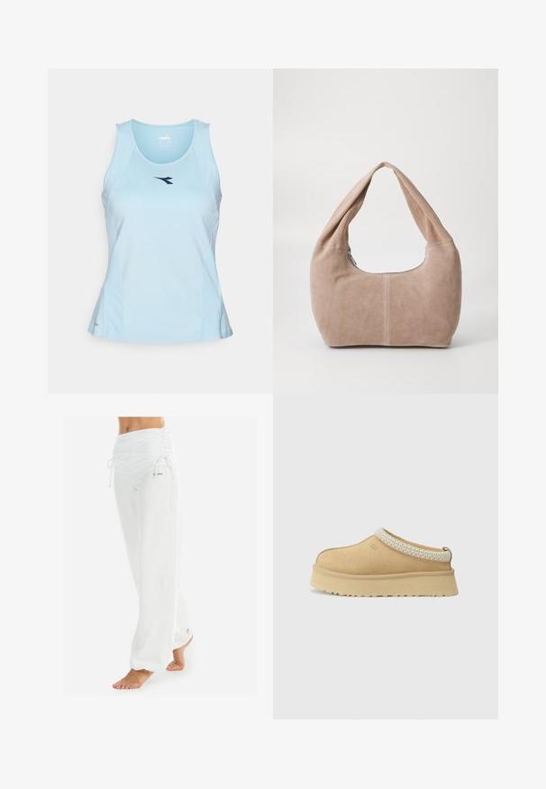 Top deportivo de color azul claro, fabricado en tejido suave, con un escote redondeado y un logo de color azul oscuro en el pecho.; Pantalones blancos de corte holgado con cintura fruncida y cordón. Textura suave con costuras laterales, diseñados para la comodidad y la movilidad.; Zapato de ante en tono marrón claro, tipo slip-on, con un collar acolchado y un acento texturizado en azul claro. Presenta una suela gruesa y duradera con un dibujo en la banda de rodadura.; Bolso hobo hecho de un material suave de ante en un color beige claro. Presenta una forma redondeada con una correa ancha y cierre de cremallera.