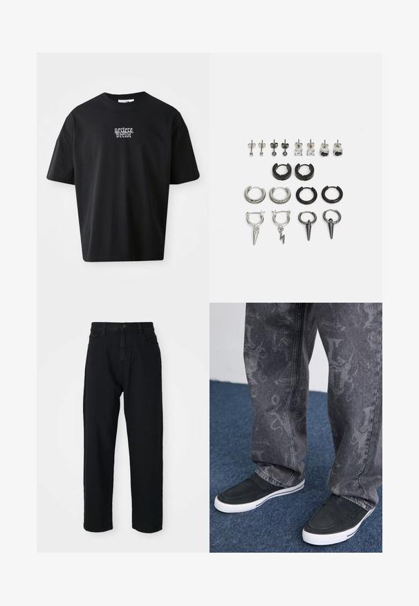 Camiseta de algodón negra de manga corta, con cuello redondo y texto gráfico frontal en blanco. Corte relajado, textura suave y sin patrones visibles.; Pantalones de mezclilla negros con un corte recto. Presenta un diseño clásico de cinco bolsillos, cierre de botones y una sutil textura en la tela.; Zapatillas negras sin cordones con suela blanca, texturizadas, combinadas con jeans grises que presentan un sutil diseño estampado, sobre un fondo de alfombra azul.; Juego de pendientes que presenta varios estilos: aros de plata y negro, de tuerca y de caída, con texturas y detalles como picos y patrones.