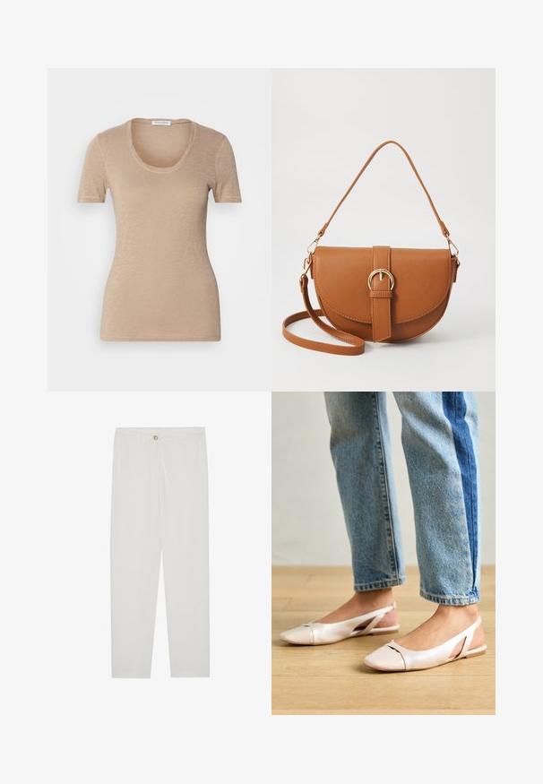 Beiges T-Shirt mit kurzen Ärmeln und Rundhalsausschnitt. Hergestellt aus leichtem, strukturiertem Stoff. Hat ein tailliertes Design und minimale Nähte.; Weisse, maßgeschneiderte Hosen mit geradem Bein, die über einen Knopfverschluss, Gürtelschlaufen und Seitentaschen verfügen; glatte Stoffoberfläche.; Blassrosa Slingback-Ballerinas mit spitzem Punkt, aus einem glatten, lederähnlichen Material. Mit Ausschnitten an den Seiten und einem flachen Absatz.; Braune Leder-Crossbody-Tasche mit geschwungener Form, goldfarbenen Beschlägen und einer Schnallenakzentuierung. Verfügt über einen abnehmbaren Schultergurt.