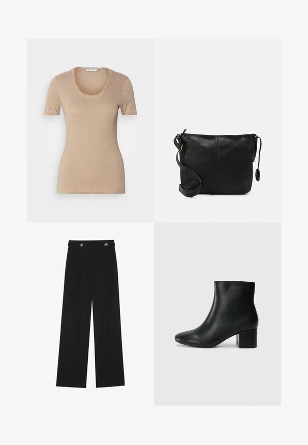 Beige short-sleeve t-shirt with a scoop neckline. Made from lightweight, textured fabric. Features a fitted design and minimal seams.; Black wide-leg trousers with high waist, button details on waistband, and front pleats.; Black leather ankle boots with a pointed toe and a chunky heel. Smooth texture with minimal accents and a sleek, fitted design.; Black leather crossbody bag with a flat shape, gold hardware accents, and an adjustable strap. Smooth texture with minimal stitching details.