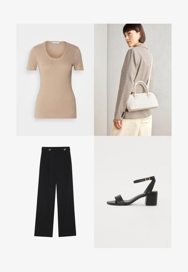 Beige, rövid ujjú póló, lekerekített nyakkivágással. Könnyű, textúrált anyagból készült. Feszes fazonú és minimális varrásokkal rendelkezik.; Fekete, bő szárú nadrág magas derékkal, gombos részletekkel a derékrészen és elülső pliszékkal.; Fekete magassarkú szandál sima bőr felső résszel, nyitott orral, széles elülső pántokkal és állítható bokapánttal, arany csat részlettel.; Fehér, strukturált kézitáska rövid füllel és vállpánttal, arany színű fém kiegészítőkkel és texturált anyagból, szürke háttér előtt bemutatva.