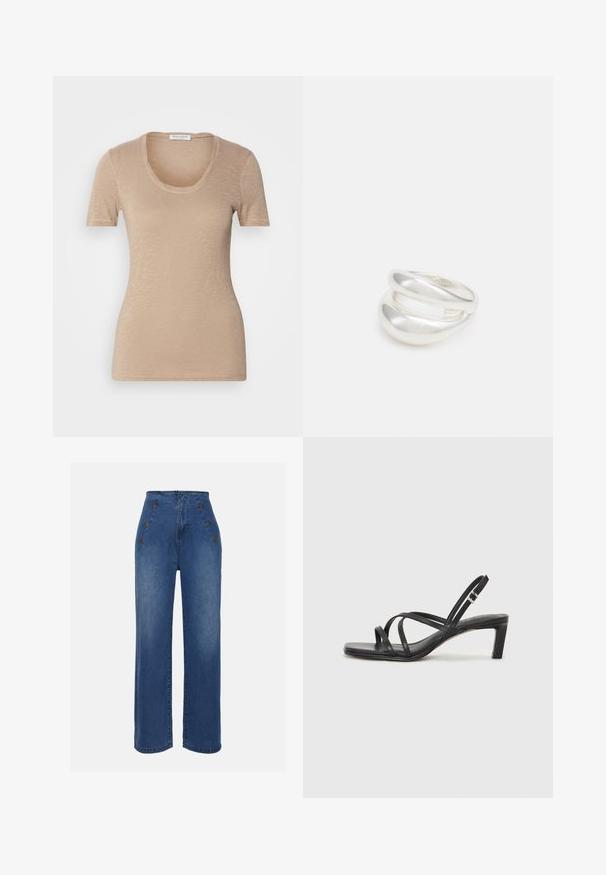 Beige short-sleeve t-shirt with a scoop neckline. Made from lightweight, textured fabric. Features a fitted design and minimal seams.; High-waisted denim jeans in medium blue. Features front button accents and wide-leg design. Fabric has a smooth texture with slight fading.; Black strappy sandal with a square toe and a low block heel. Features multiple thin straps and an adjustable ankle strap. Made of smooth leather.; Silver double-band ring with a smooth, polished surface. Features a fluid, curved design with overlapping sections for a modern look.