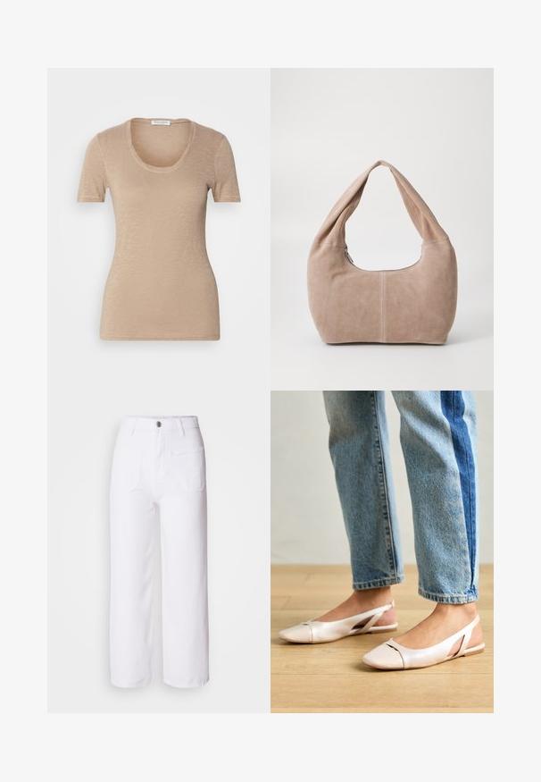 T-shirt bege de manga curta com decote em forma de U. Feita de um tecido leve e texturizado. Apresenta um design ajustado e costuras mínimas.; Calças largas de ganga branca com fecho de botão, passantes para cinto, dois bolsos frontais e um único bolso traseiro. Tecido durável e texturizado.; Sapatilhas slingback de cor rosa pálido com bico fino, feitas de um material semelhante a couro liso. Apresentam detalhes recortados nas laterais e um salto plano.; Bolsa hobo feita de material de camurça macio na cor bege claro. Apresenta uma forma arredondada com uma alça larga e fecho com zíper.