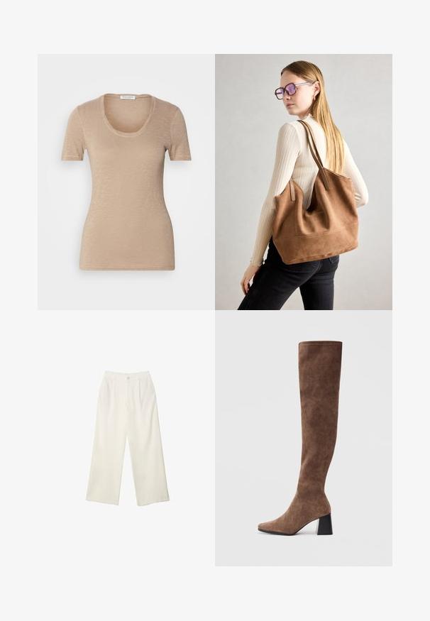 Bež majica s kratkimi rokavi in krožnim izrezom. Narejena iz lahkega, strukturiranega materiala. Ima prilegajoč dizajn in minimalne šive.; Hlače širokih nogavic iz kremaste tkanine z gladko teksturo, z enim sprednjim gumbom, diskretnimi plisami in visokim pasom.; Rjave čizme do kolen, izdelane iz mehkega semiša, z ostrim nosom in masivnim črnim peto. Oblikovanje vključuje brezšivno šivanje za eleganten videz.; Rjava semišna torba z mehko teksturo, velikim odprtjem in dolgimi ročaji. Ima preprost dizajn z vidnim šivanjem in brez okovja.