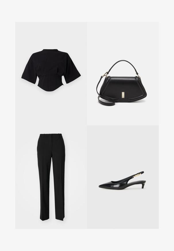 Melna īsā blūze no mīksta auduma, ar pieguļošu jostasvietu, platām piedurknēm un imitētu apkakli ar redzamām šuvēm.; Melnas pielāgotas bikses ar taisnu kāju dizainu, kas raksturojas ar gludu faktūru un asiem krokām pa priekšu. Nav redzamu metāla detaļu.; Melnas ādas slingback zābaki ar smailu purngalu, ar šauru papēdi un zelta krāsas akcentu uz regulējama siksniņas. Gluda tekstūra.; Melnas ādas roku soma ar struktūru, ar īsu formu, augšējo rokturi un zelta aksesuāriem. Iekļauta regulējama plecu siksna.