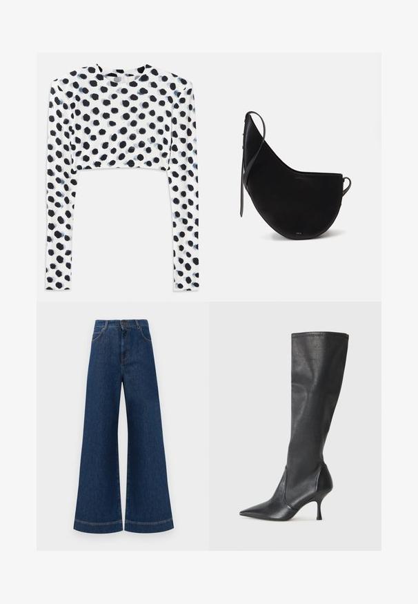 Zastrihnutý top s dlhým rukávom z pružného bieleho materiálu s čiernymi bodkami, hladkou textúrou a okrúhlym výstrihom.; Modré denimové nohavice so širokými nohavicami a vysokým pásom, ktoré majú gombíkový zapínanie, pútka na opasok a jemné švy pozdĺž vreciek a lemov.; Čierne kožené čižmy do výšky kolien s špicatou špičkou a úzkym stiletto podpätkom. Hladká textúra s priliehavým dizajnom a prešitím na vrchnom okraji.; Čierna kožená kabelka s krivkovým tvarom mesiaca, s úzkym popruhom a diskrétnym zlatým brandingom na prednej strane. Hladký povrch s minimálnym hardvérom.