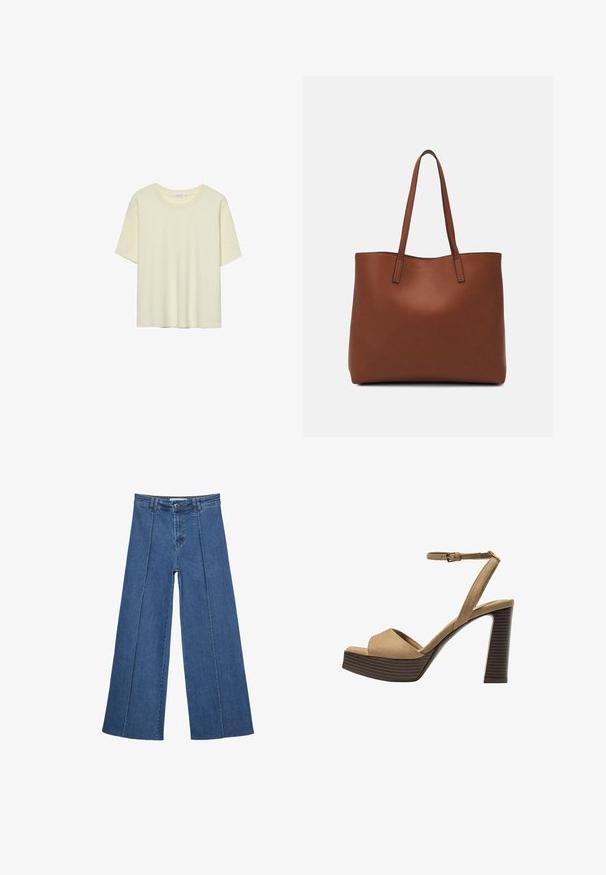 Helles beige T-Shirt mit kurzen Ärmeln, aus weichem Stoff gefertigt, mit rundem Halsausschnitt und lockerer Passform, ohne Muster oder Verzierungen.; Weite Jeans aus Denim in Mittelblau, mit hoher Taille, Knopfverschluss und kontrastierenden vertikalen Nahtdetails an der Vorderseite.; Beige Wildleder-Pumps mit hohem Absatz, breitem Vorderband und Knöchelriemen, ausgestattet mit einem klobigen Holzblockabsatz mit strukturiertem Finish.; Braune Leder-Tote mit glatter Textur, offenem Oberteil und zwei Schulterriemen. Verfügt über minimale Nähte und keine sichtbaren Beschläge.
